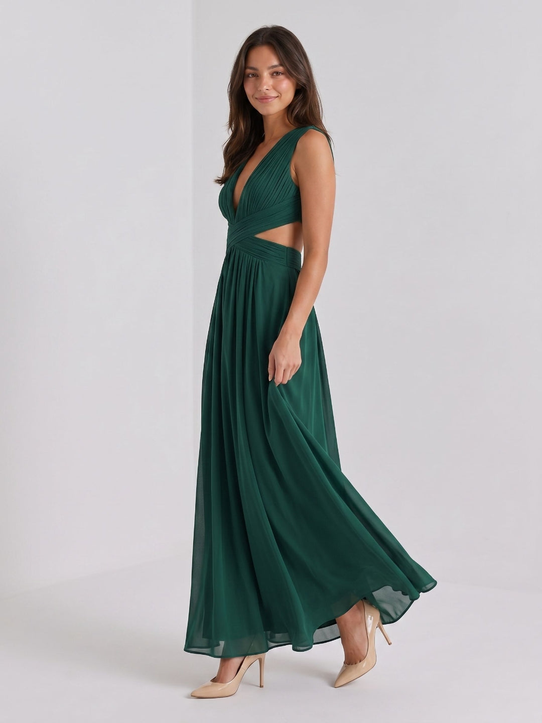 Emerald Chiffon A-Line V-Neck Back Zip Floor-Length Formal Dress with Pleating