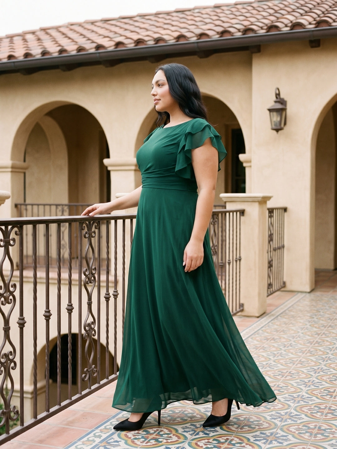 Emerald Chiffon Scoop Neck Back Zip  A-Line Ankle-Length Plus Size Bridesmaid Dress