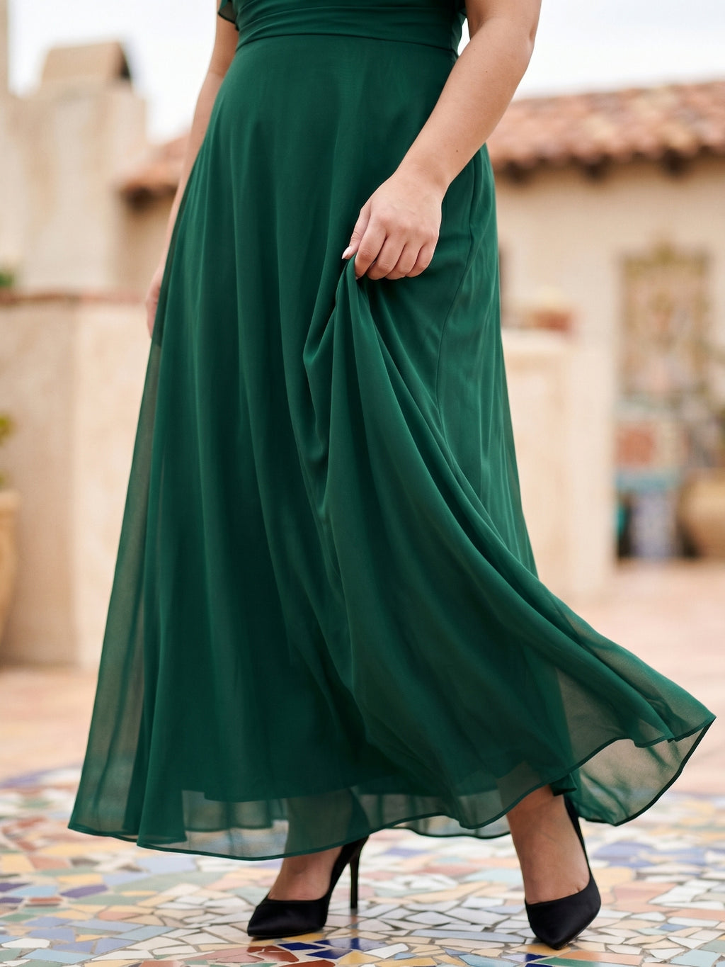 Emerald Chiffon Scoop Neck Back Zip  A-Line Ankle-Length Plus Size Bridesmaid Dress