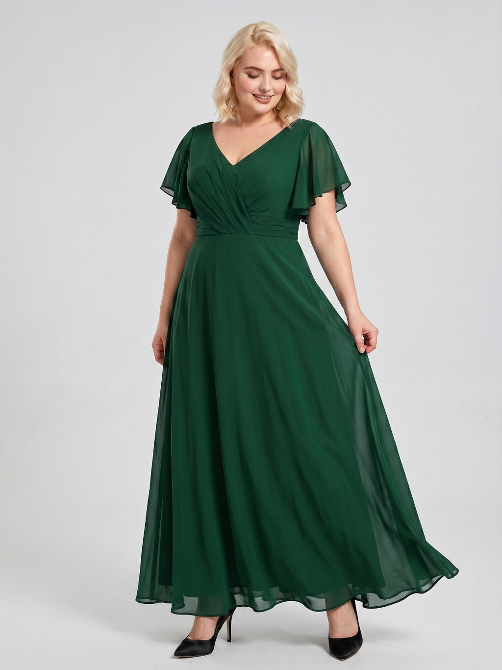 Emerald Chiffon V-Neck Back Zip A-Line Ankle-Length Plus Size Bridesmaid Dress