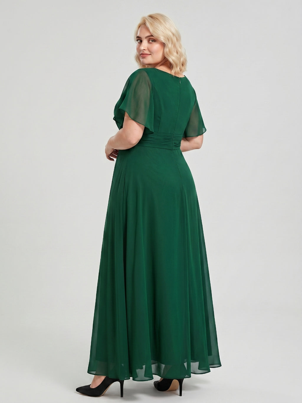 Emerald Chiffon V-Neck Back Zip A-Line Ankle-Length Plus Size Bridesmaid Dress