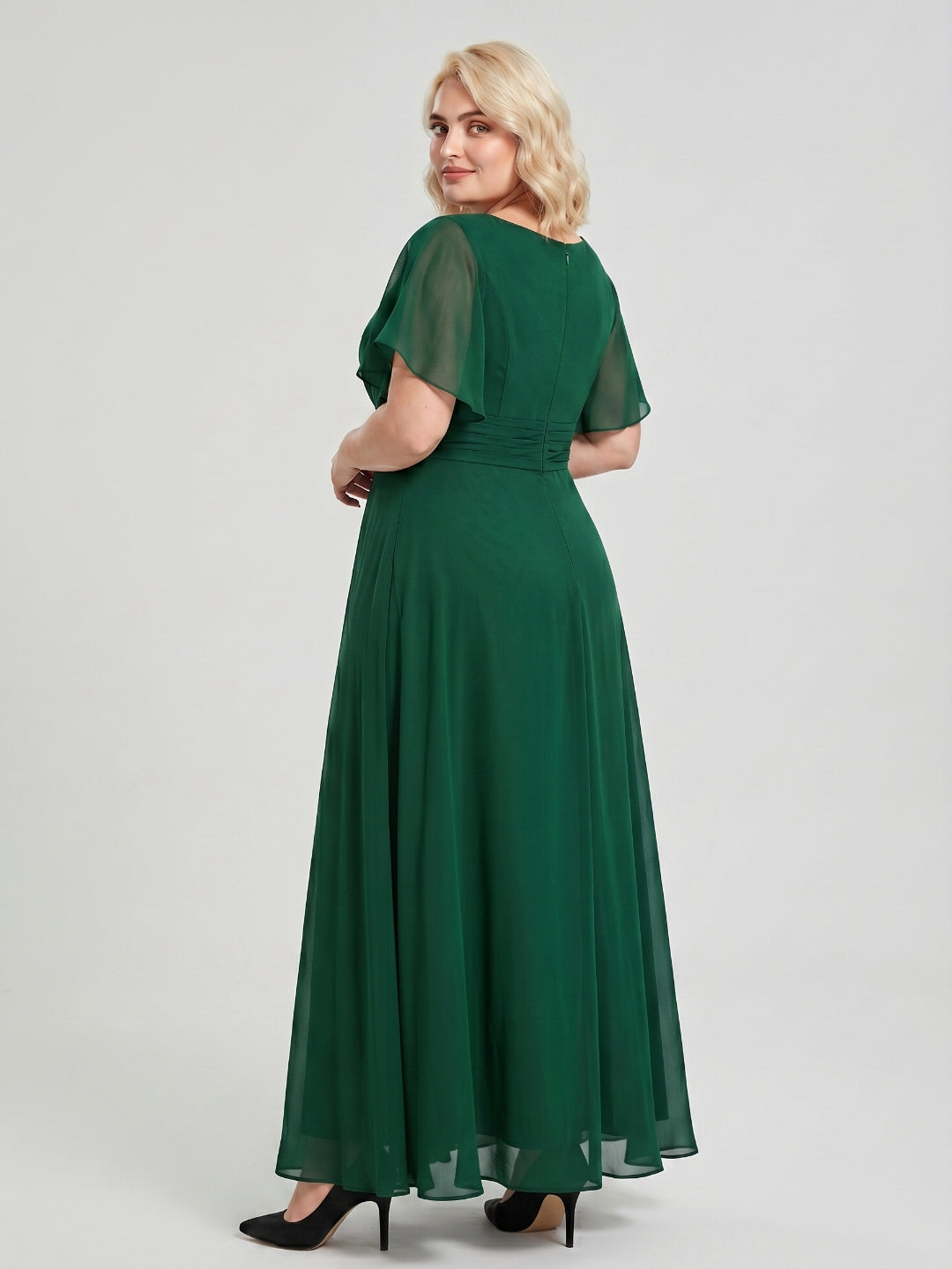 Emerald Chiffon V-Neck Back Zip A-Line Ankle-Length Plus Size Bridesmaid Dress