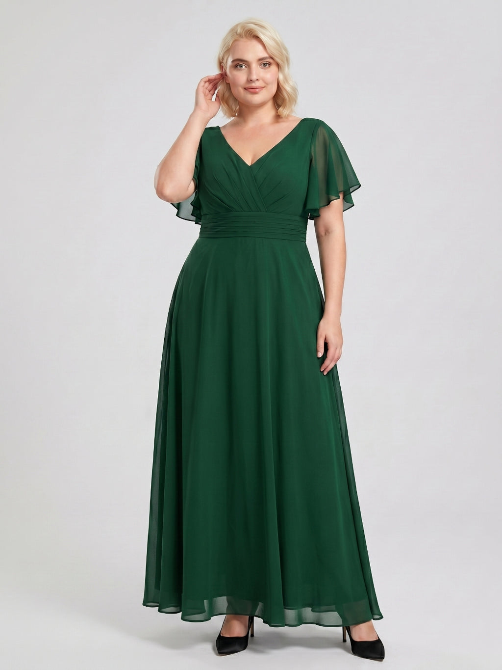 Emerald Chiffon V-Neck Back Zip A-Line Ankle-Length Plus Size Bridesmaid Dress