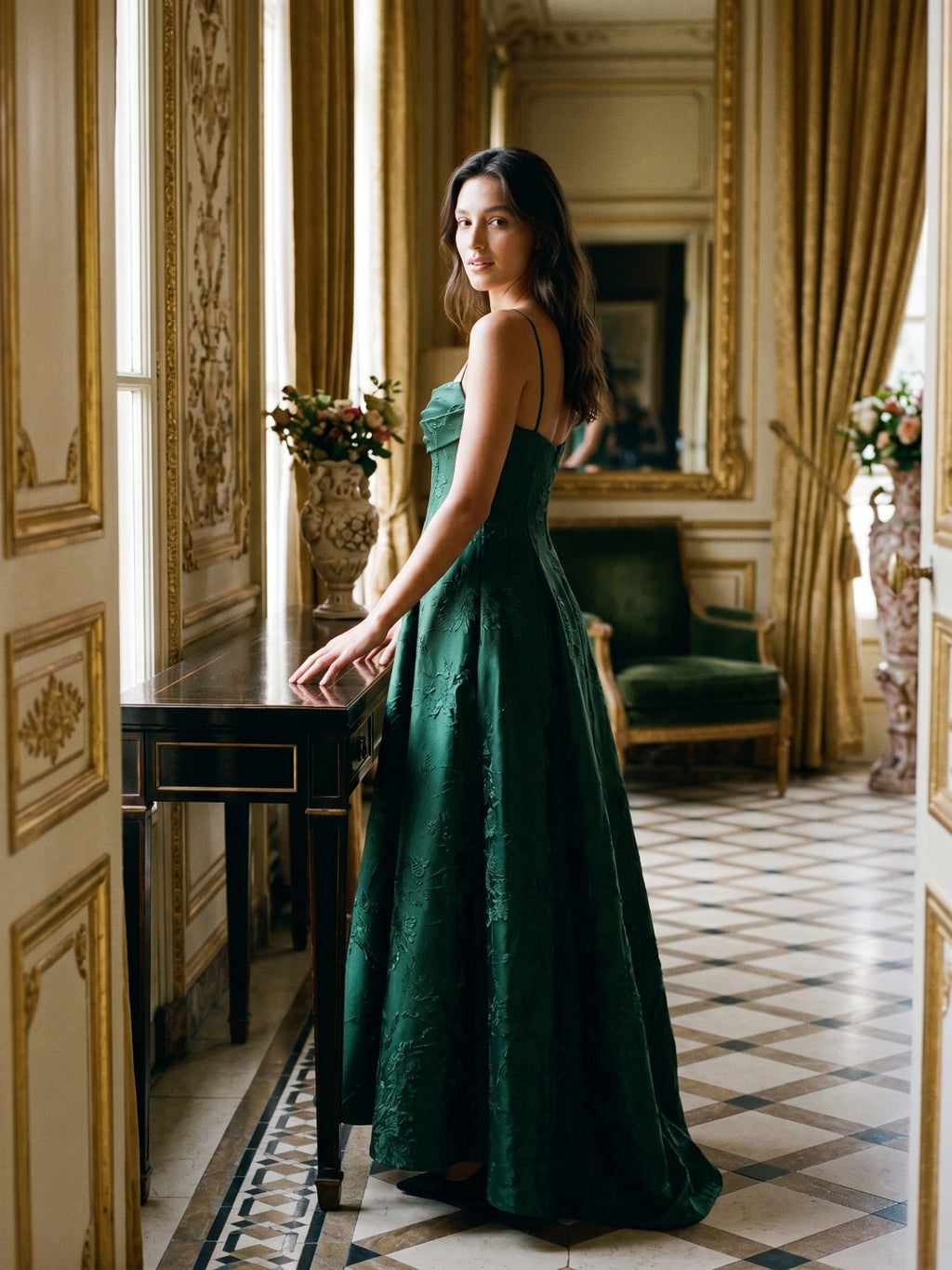 Emerald Jacquard A-Line Straight Neck Asymmetrical Prom Dress with Back Zip
