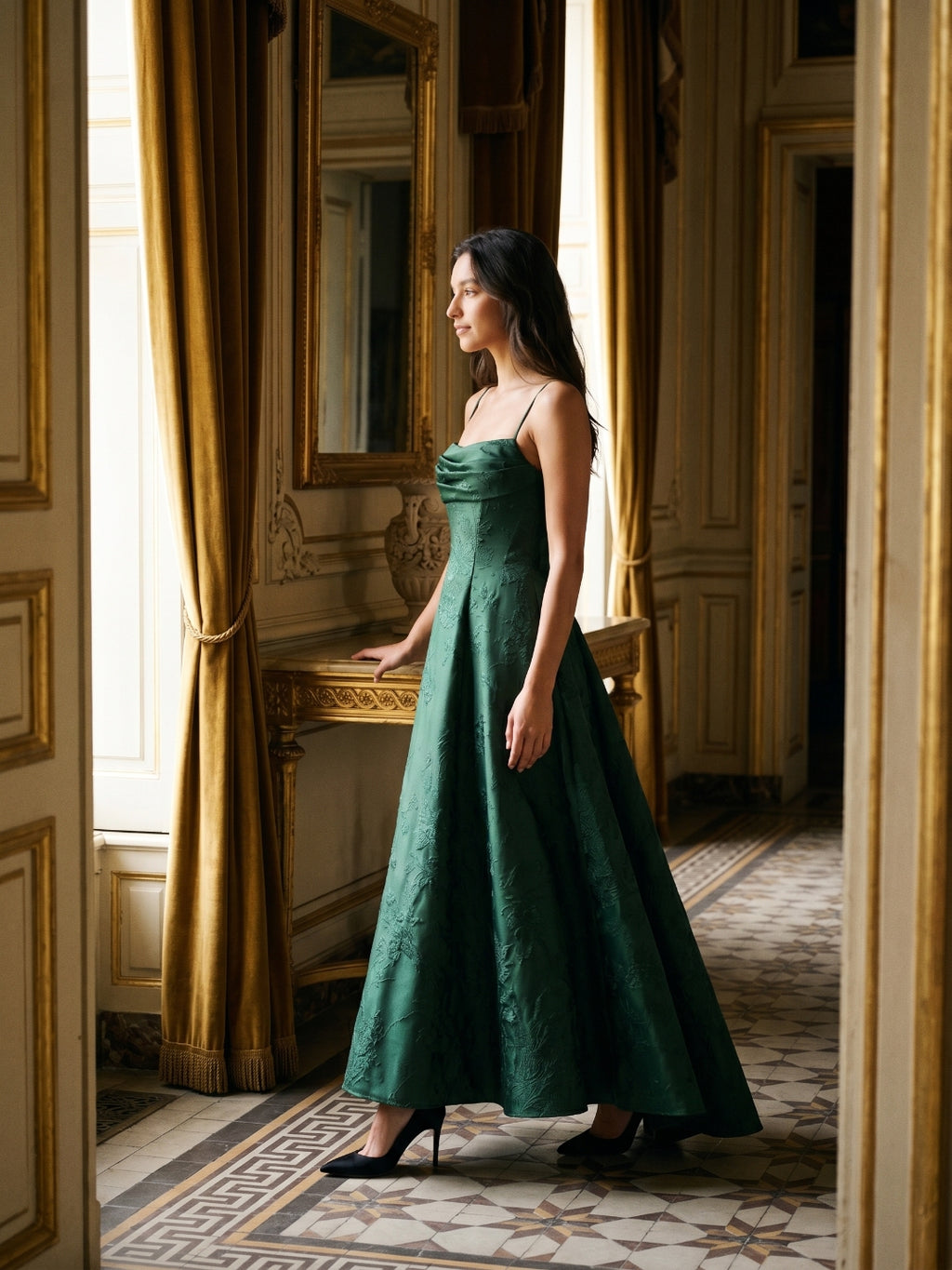 Emerald Jacquard A-Line Straight Neck Asymmetrical Prom Dress with Back Zip