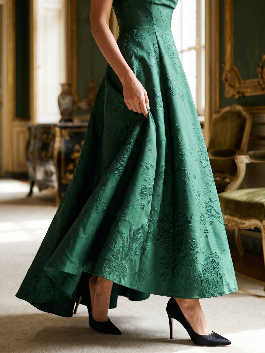Emerald Jacquard A-Line Straight Neck Asymmetrical Prom Dress with Back Zip