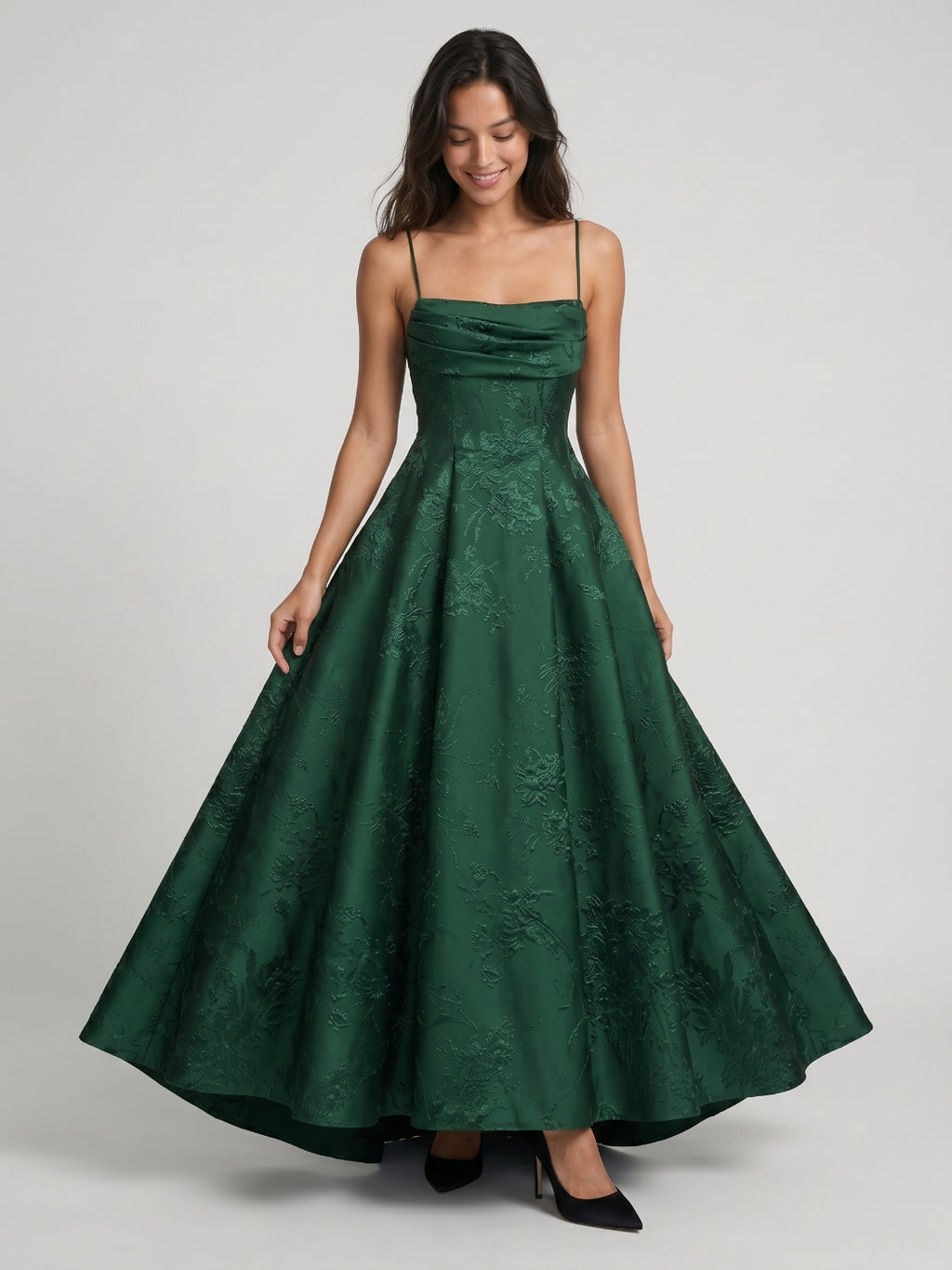 Emerald Jacquard A-Line Straight Neck Asymmetrical Prom Dress with Back Zip