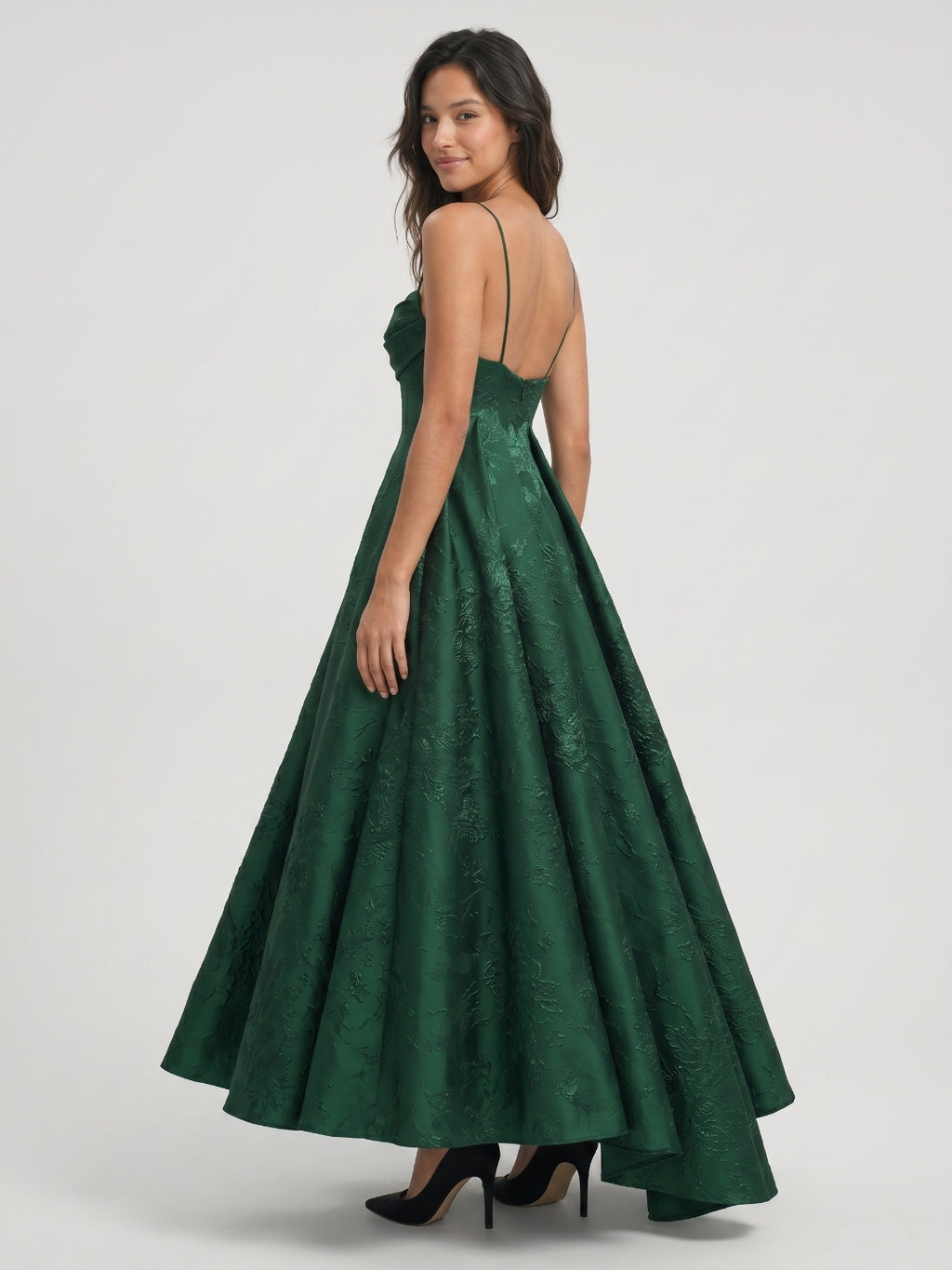 Emerald Jacquard A-Line Straight Neck Asymmetrical Prom Dress with Back Zip