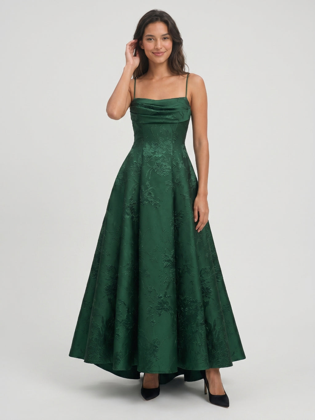 Emerald Jacquard A-Line Straight Neck Asymmetrical Prom Dress with Back Zip