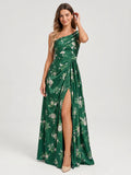 Emerald Matte Satin A-Line One Shoulder Back Zip Floor-Length Bridesmaid Dress with Pleating