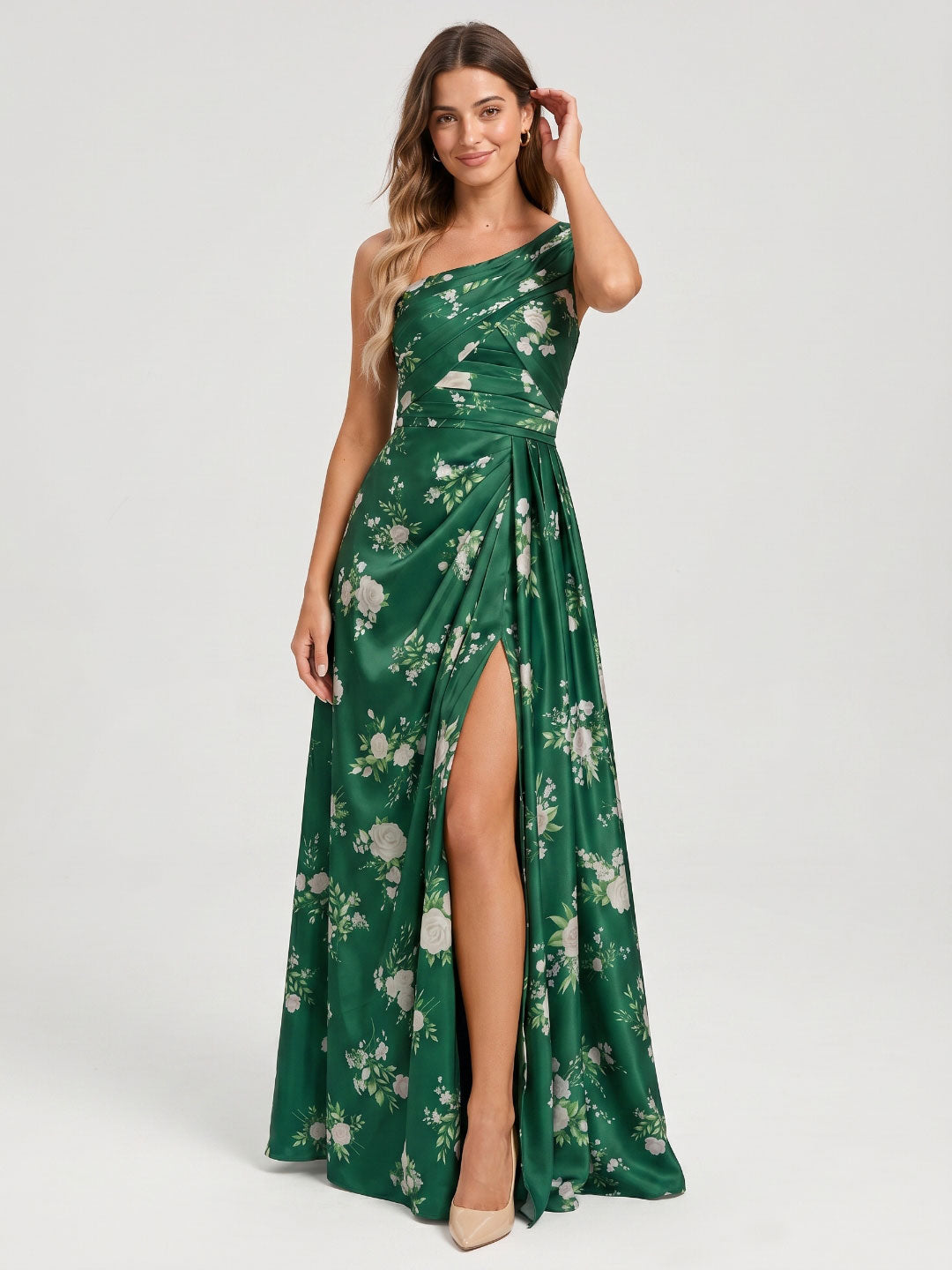 Emerald Matte Satin A-Line One Shoulder Back Zip Floor-Length Bridesmaid Dress with Pleating