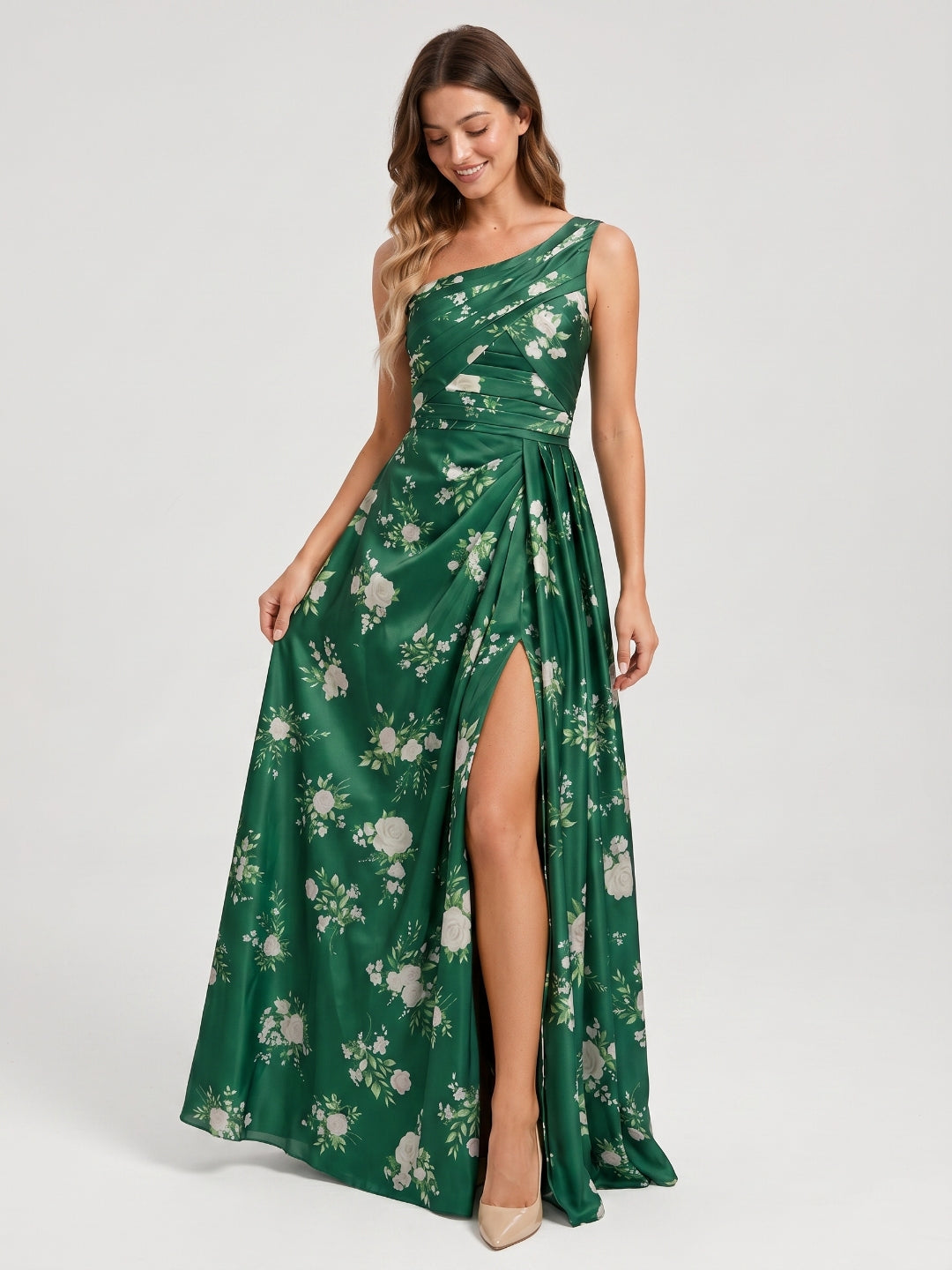 Emerald Matte Satin A-Line One Shoulder Back Zip Floor-Length Bridesmaid Dress with Pleating