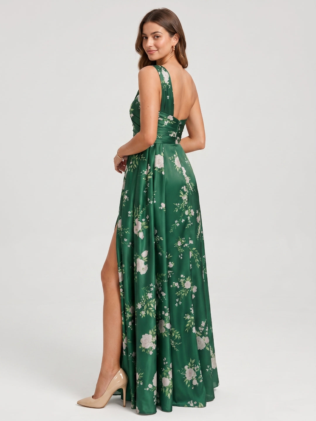 Emerald Matte Satin A-Line One Shoulder Back Zip Floor-Length Bridesmaid Dress with Pleating
