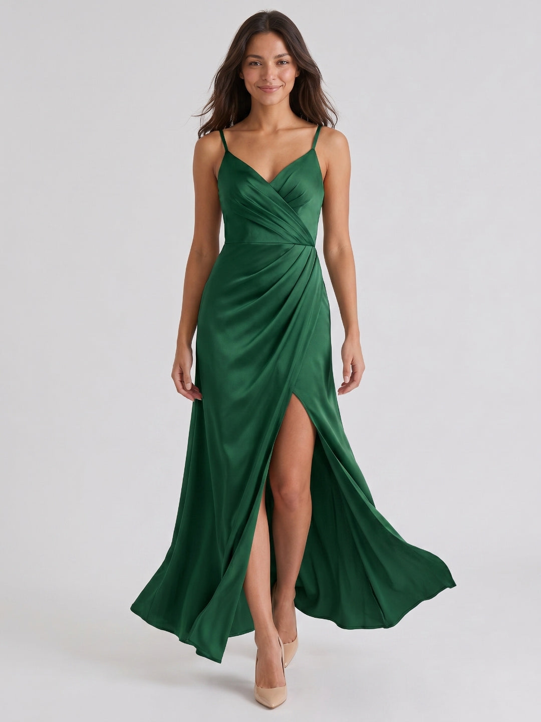 Emerald Matte Satin A-Line V-Neck Backless Floor-Length Bridesmaid Dress with Pleating