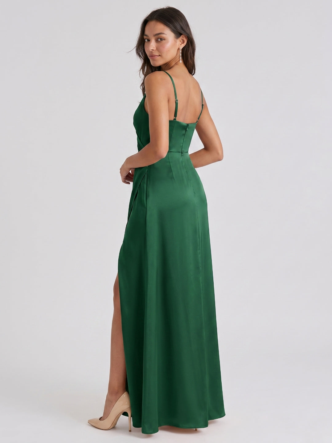 Emerald Matte Satin A-Line V-Neck Backless Floor-Length Bridesmaid Dress with Pleating
