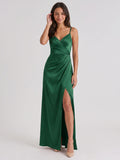Emerald Matte Satin A-Line V-Neck Backless Floor-Length Bridesmaid Dress with Pleating