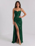 Emerald Matte Satin Sheath V-Neck Criss-Cross Straps Floor-Length Formal Dress with Pleating