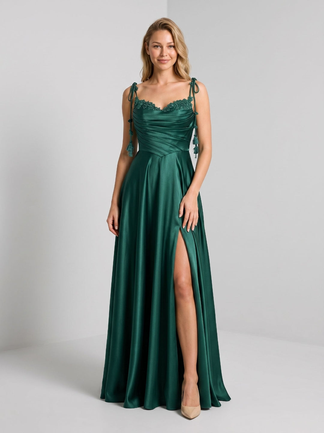 Emerald Satin A-Line Sweetheart Criss-Cross Floor Dress with Sequins