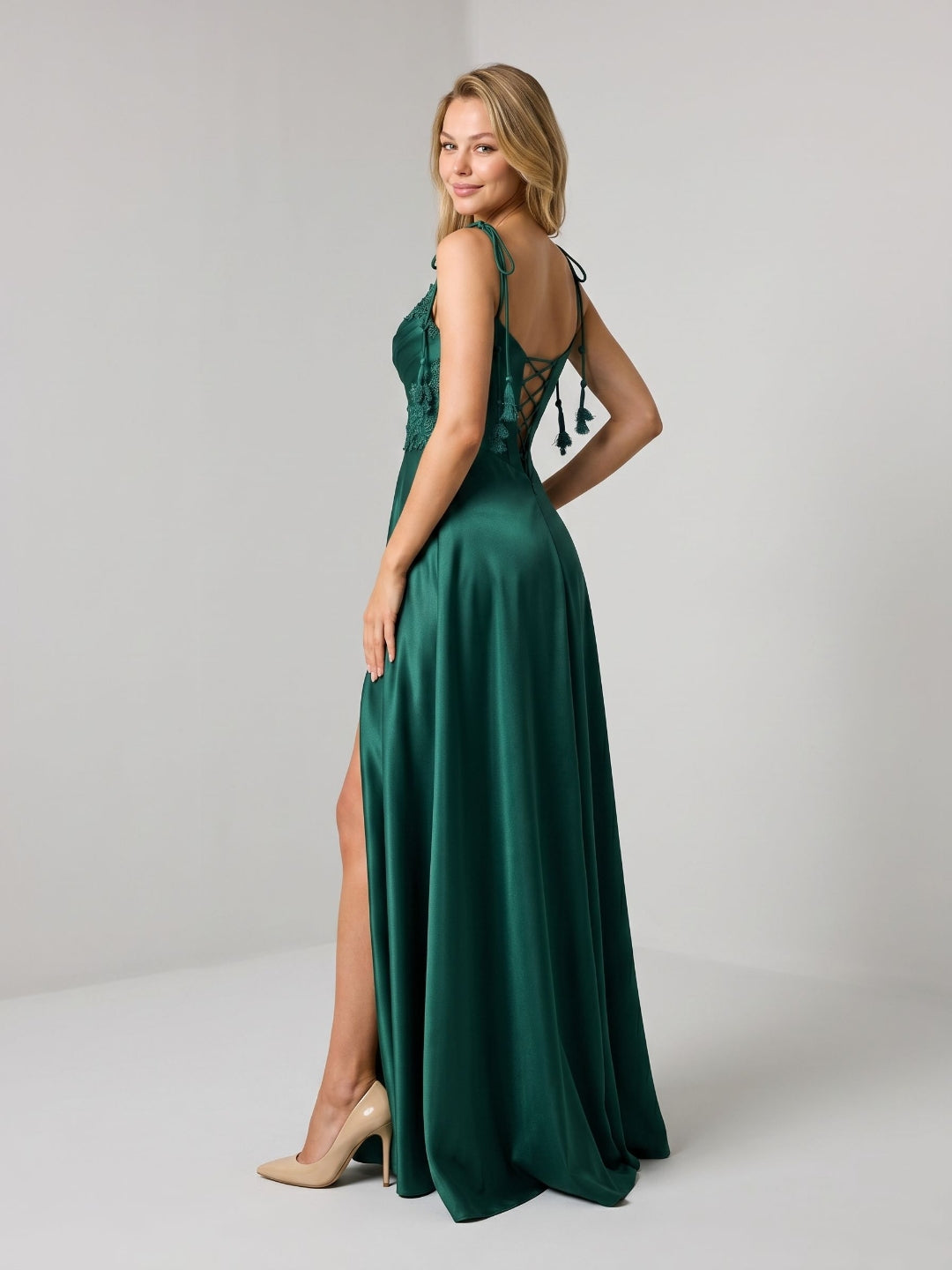 Emerald Satin A-Line Sweetheart Criss-Cross Floor Dress with Sequins