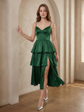 Emerald Satin A-Line Sweetheart Lace-Up Back Tea-Length Cascading Ruffle Dress