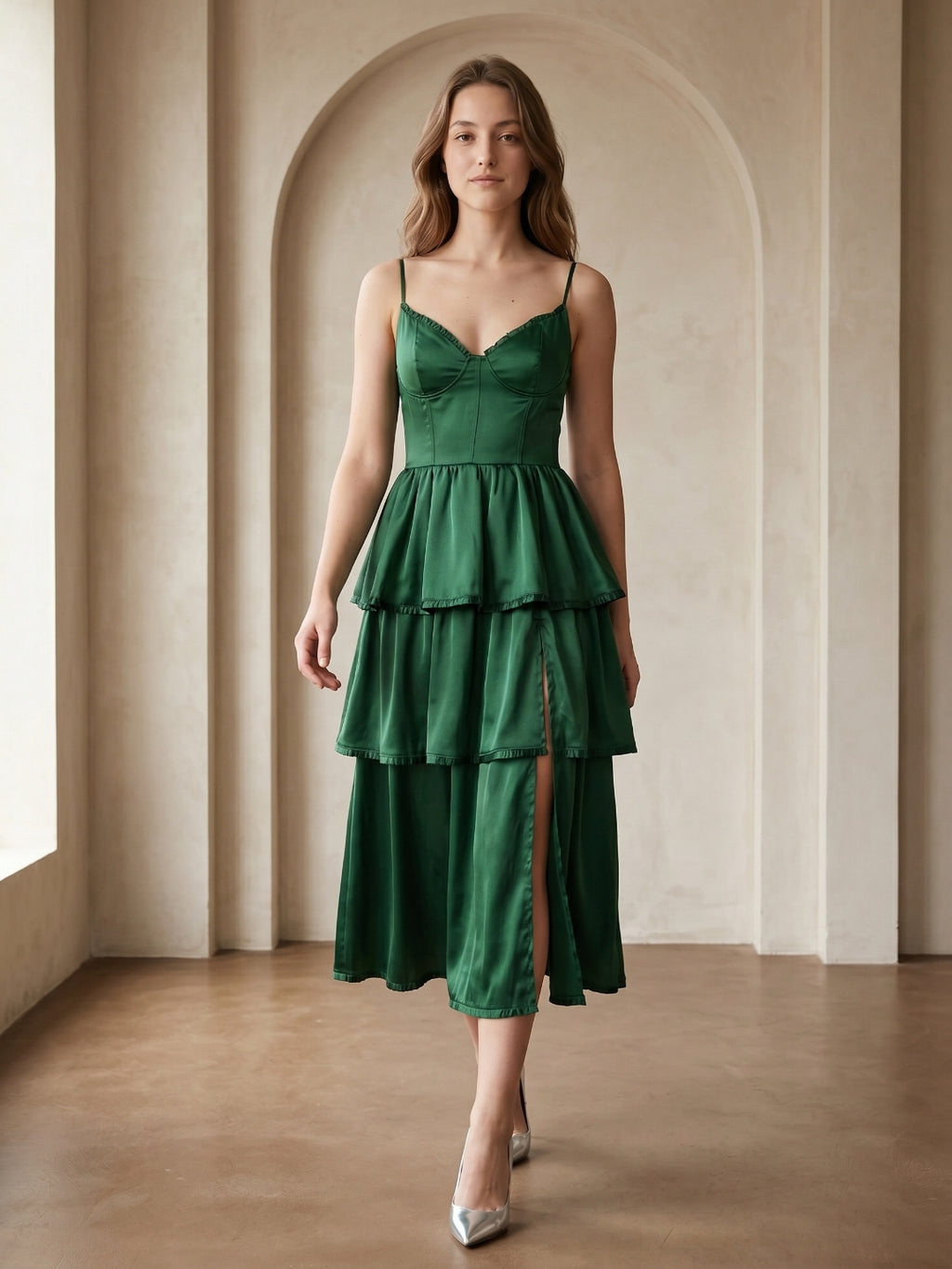 Emerald Satin A-Line Sweetheart Lace-Up Back Tea-Length Cascading Ruffle Dress