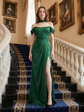 Emerald Satin Sheath Off-the-Shoulder Lace-Up Back Floor-Length Bridesmaid Dress with Bow