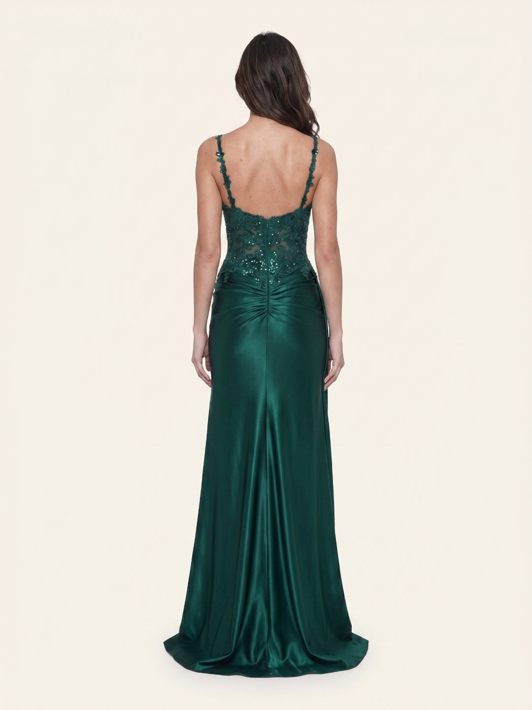 Emerald Satin Sheath Square Neck Back Zip Floor-Length Prom Dress with Sequins