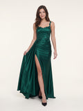 Emerald Satin Sheath Square Neck Back Zip Floor-Length Prom Dress with Sequins