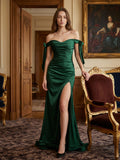 Emerald Satin Trumpet Off-the-Shoulder Backless Floor-Length Bridesmaid Dress with Bow