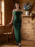 Emerald Stretch Knit Mermaid Off-the-Shoulder Backless Floor-Length Bridesmaid Dress