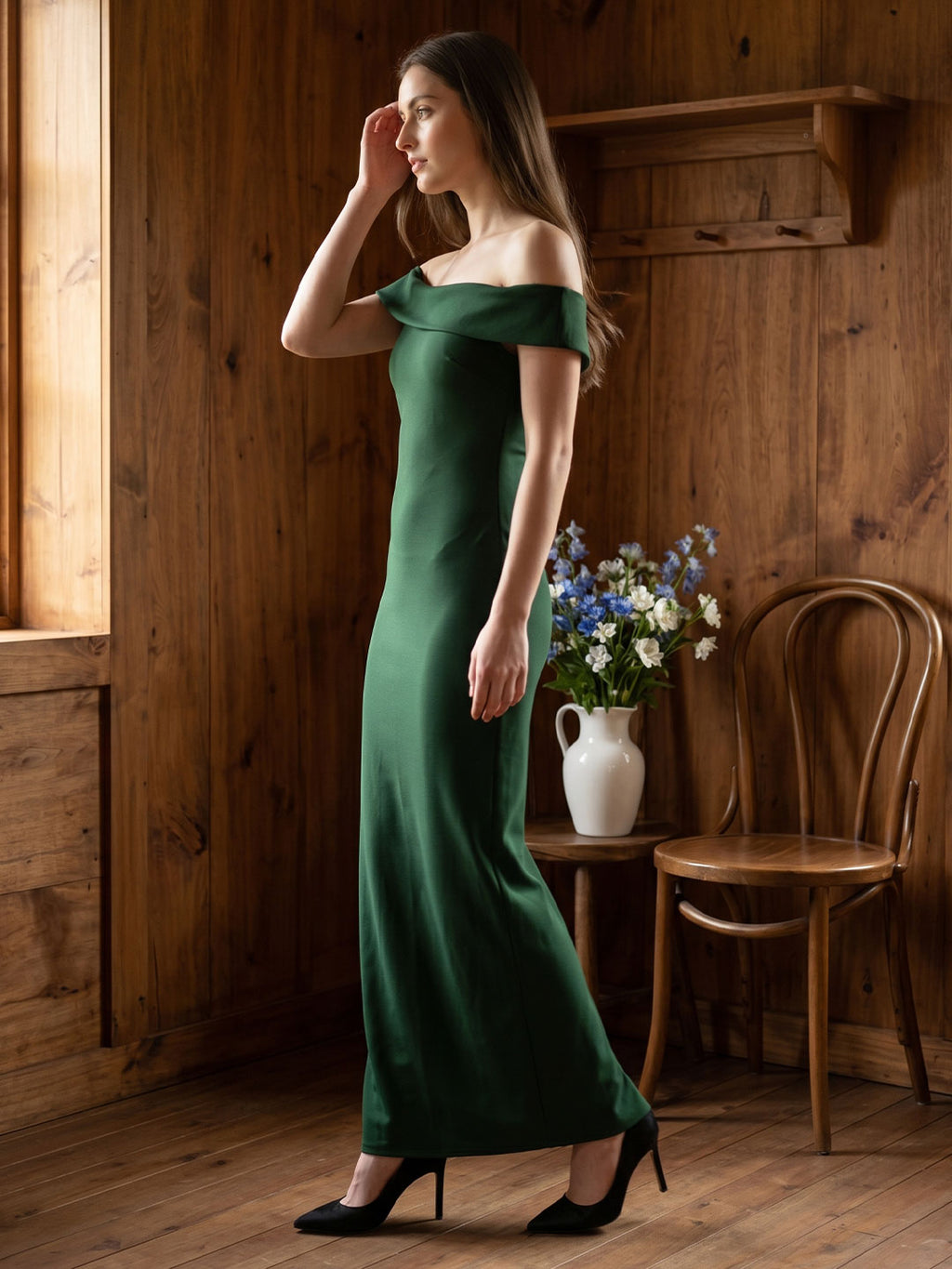 Emerald Stretch Knit Mermaid Off-the-Shoulder Backless Floor-Length Bridesmaid Dress