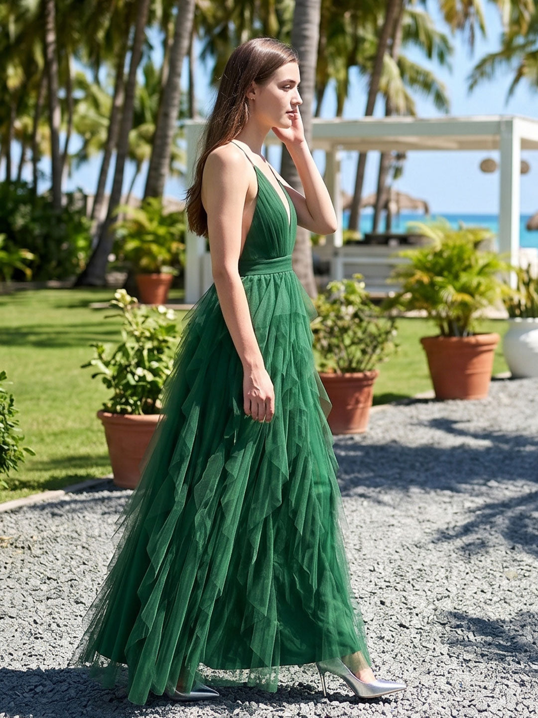 Emerald Tulle A-Line V-Neck Criss-Cross Back Floor-Length Cascading Ruffle Dress