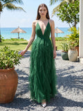 Emerald Tulle A-Line V-Neck Criss-Cross Back Floor-Length Cascading Ruffle Dress