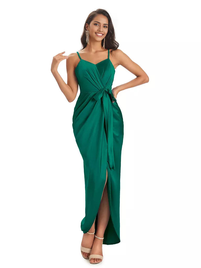 High Low Spaghetti Straps V-neck Mermaid Asymmetrical Soft Satin Bridesmaid Dresses