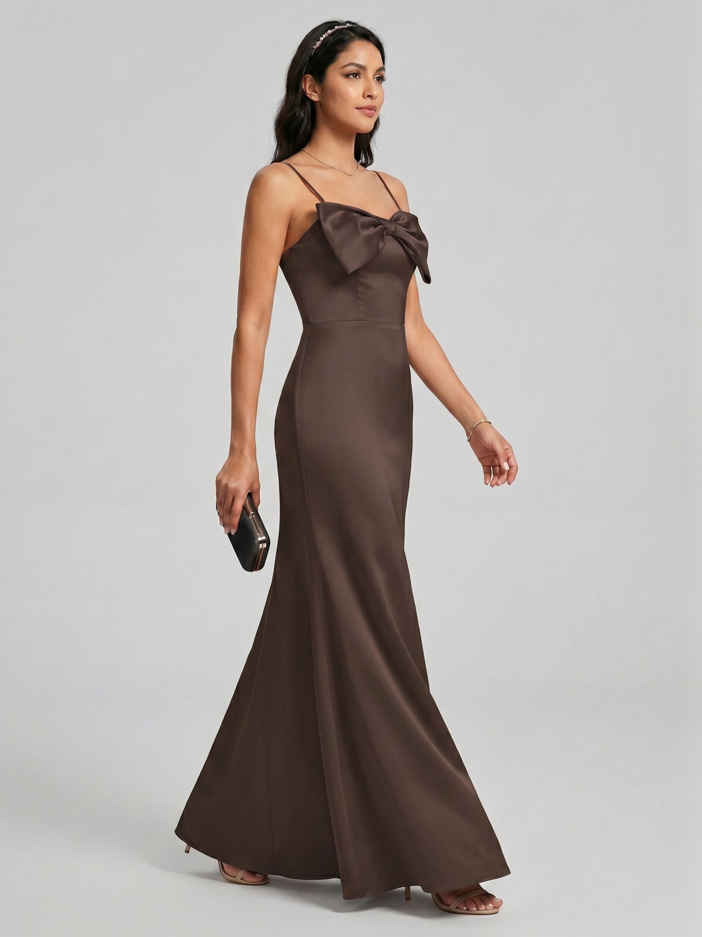 Elegant Espresso Satin A-Line Straight Neck Back Zip Ankle-Length Bridesmaid Dress