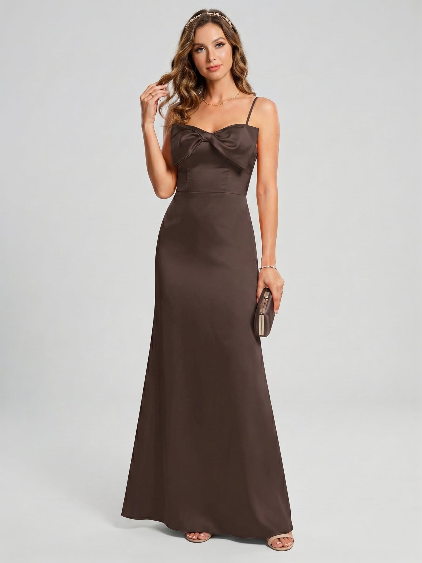 Elegant Espresso Satin A-Line Straight Neck Back Zip Ankle-Length Bridesmaid Dress