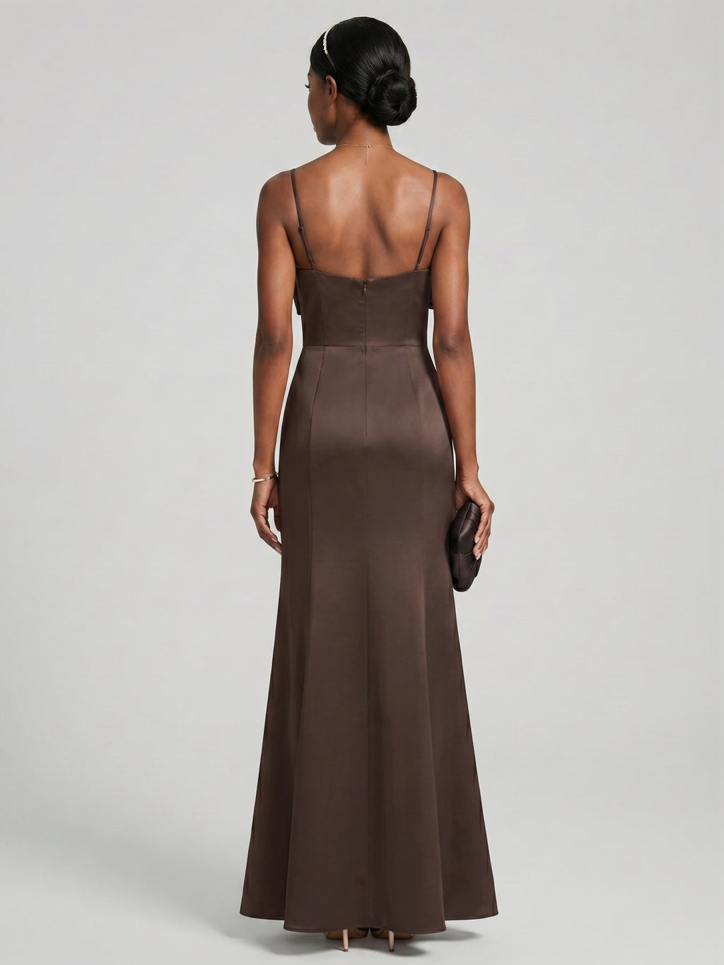 Elegant Espresso Satin A-Line Straight Neck Back Zip Ankle-Length Bridesmaid Dress