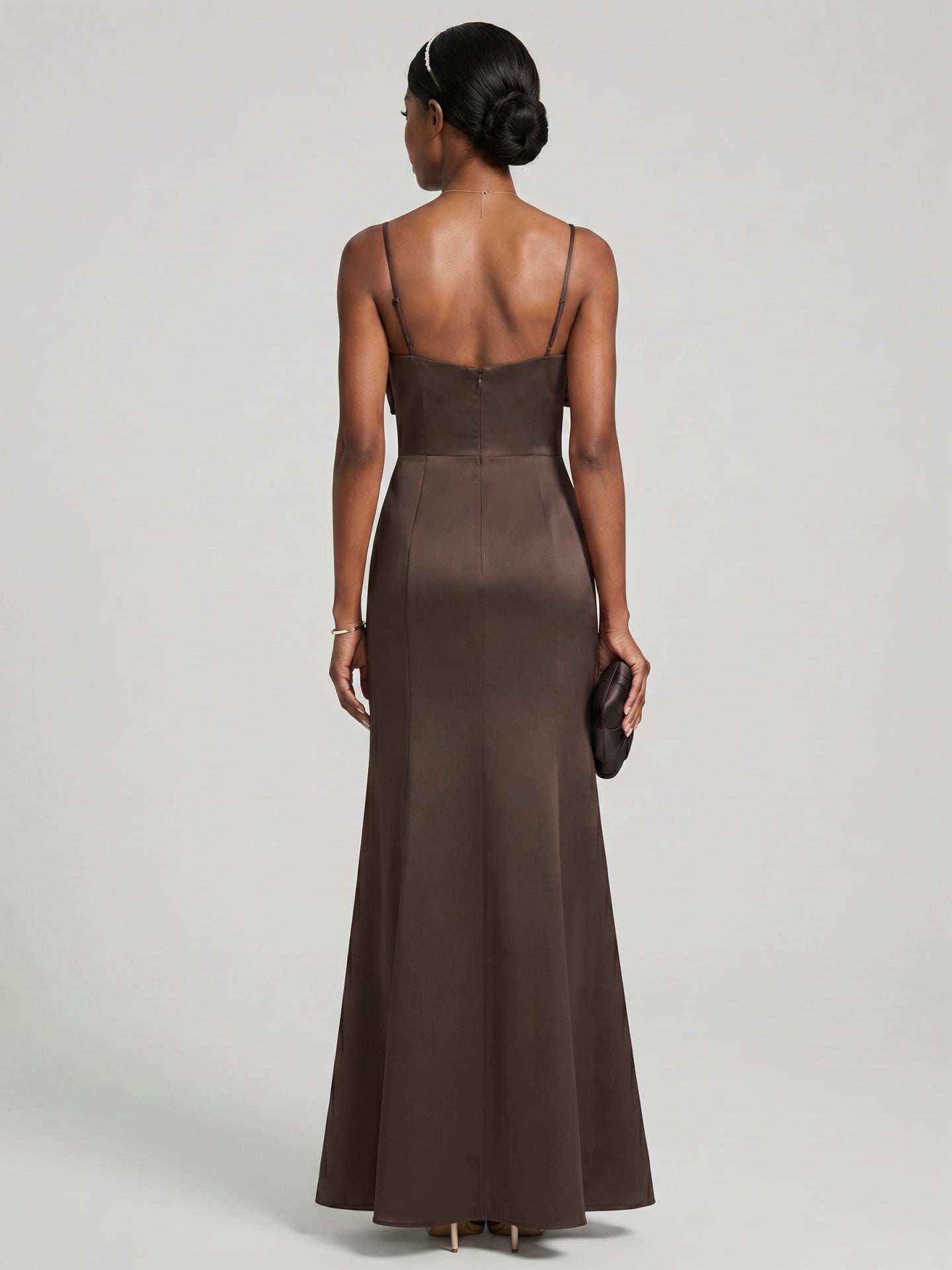 Elegant Espresso Satin A-Line Straight Neck Back Zip Ankle-Length Bridesmaid Dress