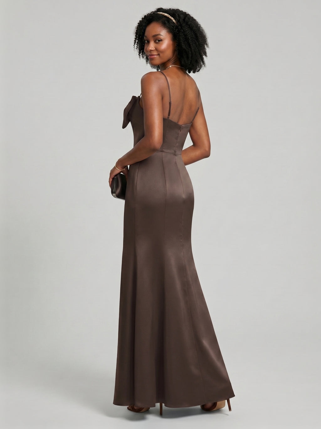 Elegant Espresso Satin A-Line Straight Neck Back Zip Ankle-Length Bridesmaid Dress