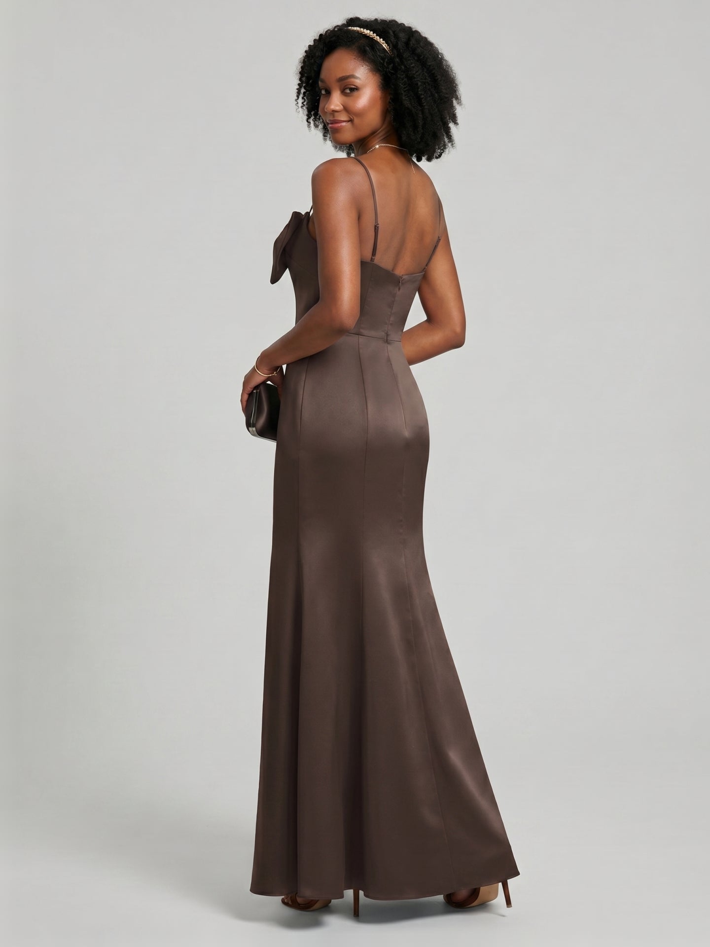 Elegant Espresso Satin A-Line Straight Neck Back Zip Ankle-Length Bridesmaid Dress
