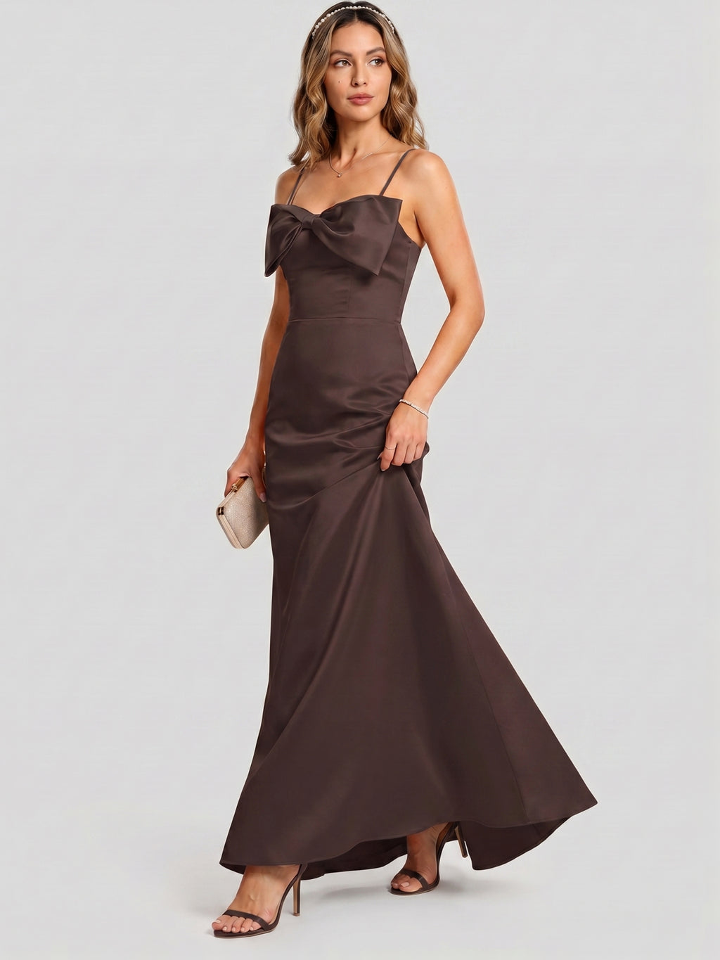 Elegant Espresso Satin A-Line Straight Neck Back Zip Ankle-Length Bridesmaid Dress