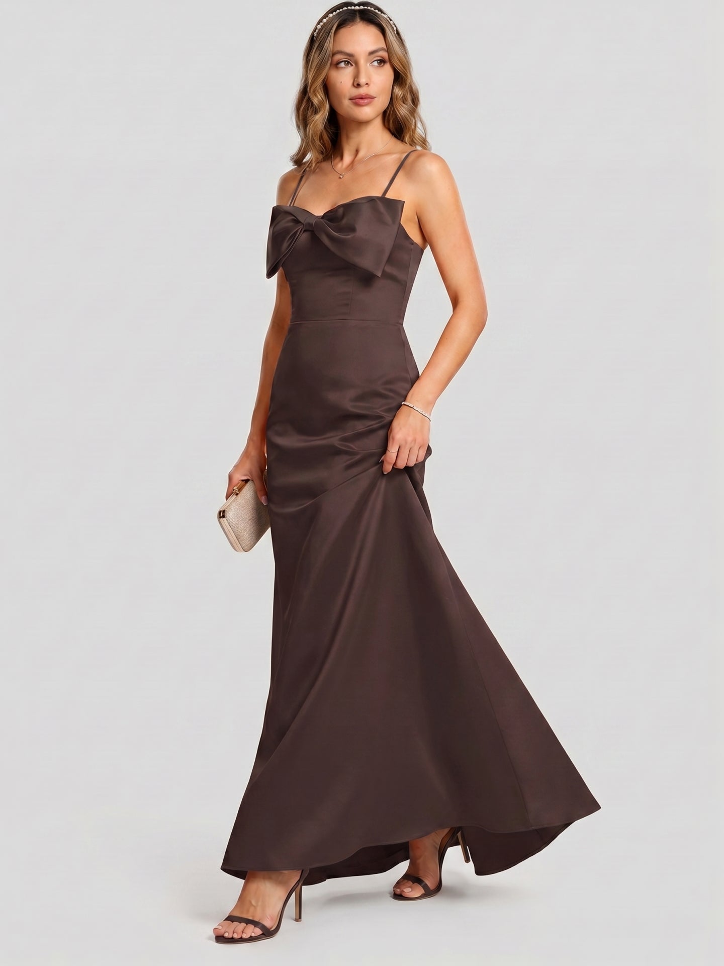 Elegant Espresso Satin A-Line Straight Neck Back Zip Ankle-Length Bridesmaid Dress