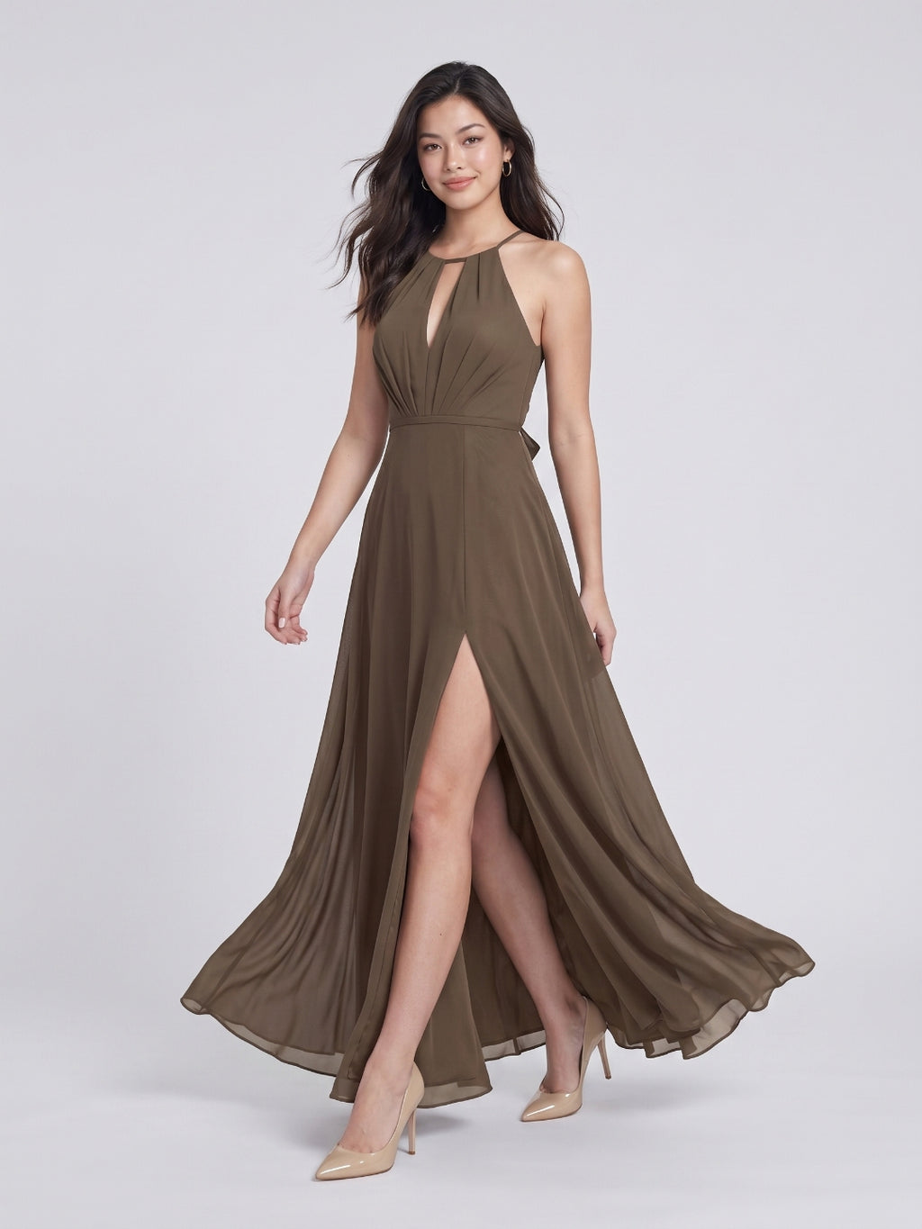 Espresso Chiffon A-Line Halter Neckline Bow Back Floor-Length Bridesmaid Dress with Pleating