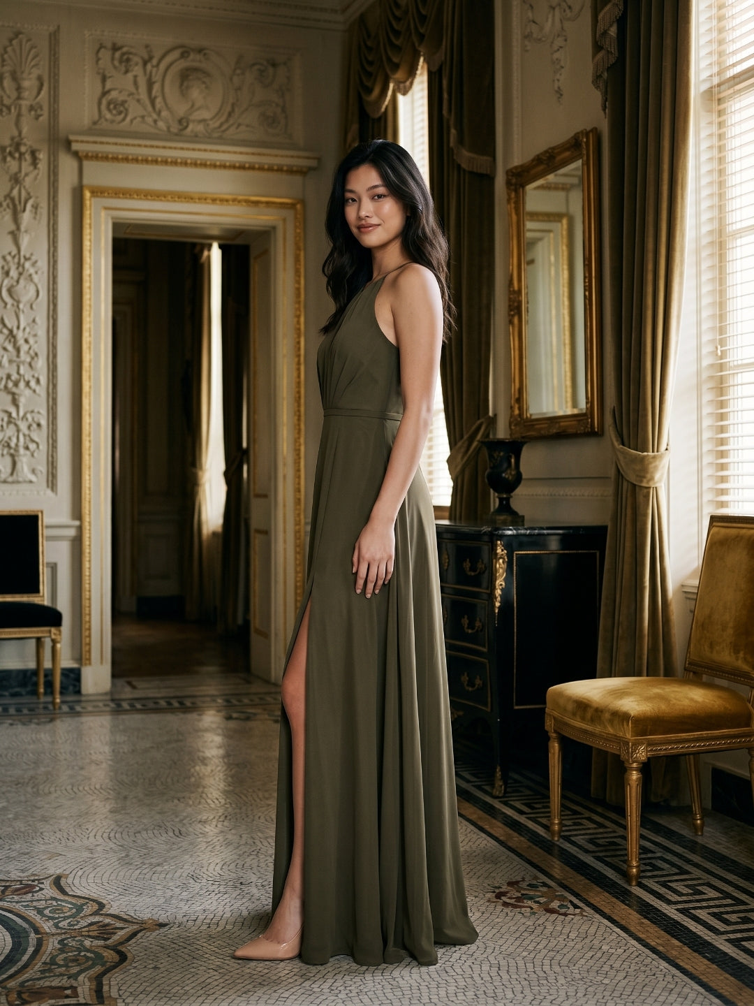 Espresso Chiffon A-Line Halter Neckline Bow Back Floor-Length Bridesmaid Dress with Pleating