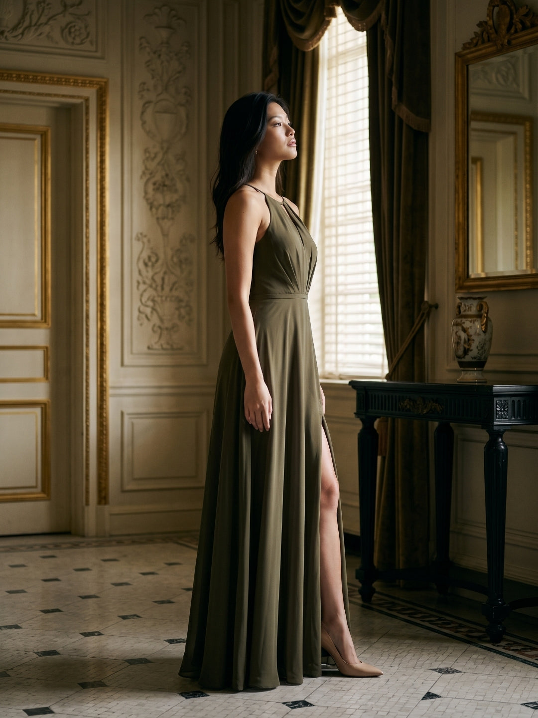 Espresso Chiffon A-Line Halter Neckline Bow Back Floor-Length Bridesmaid Dress with Pleating