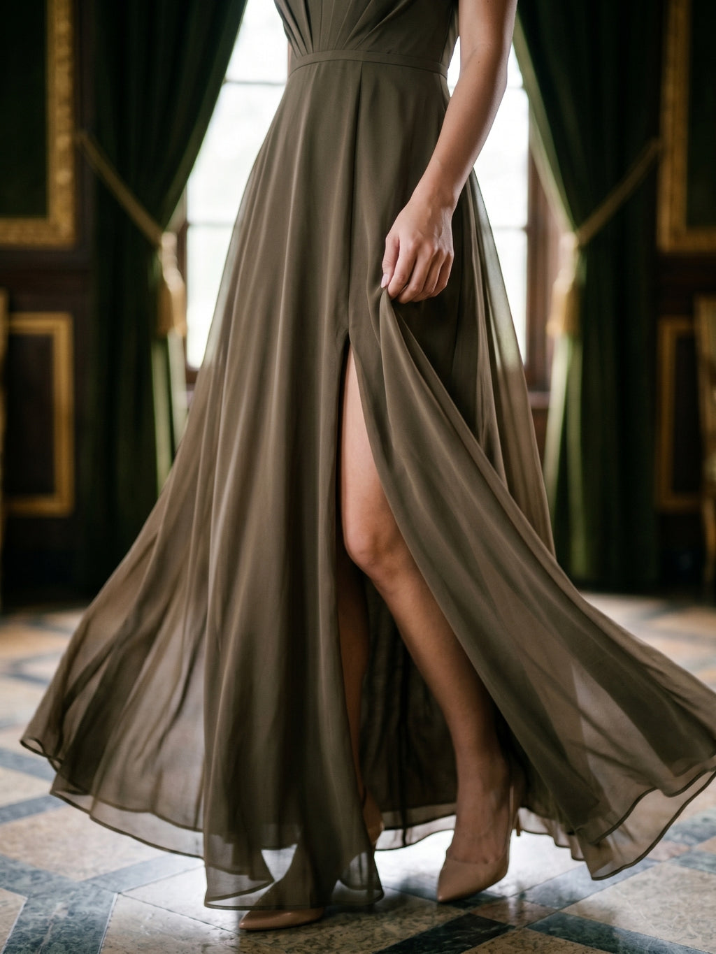 Espresso Chiffon A-Line Halter Neckline Bow Back Floor-Length Bridesmaid Dress with Pleating