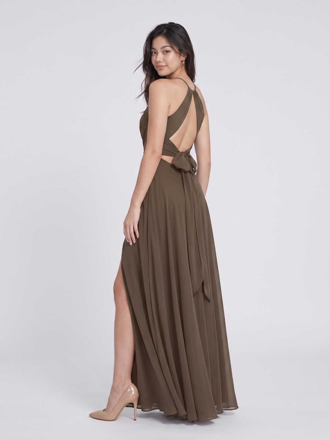 Espresso Chiffon A-Line Halter Neckline Bow Back Floor-Length Bridesmaid Dress with Pleating