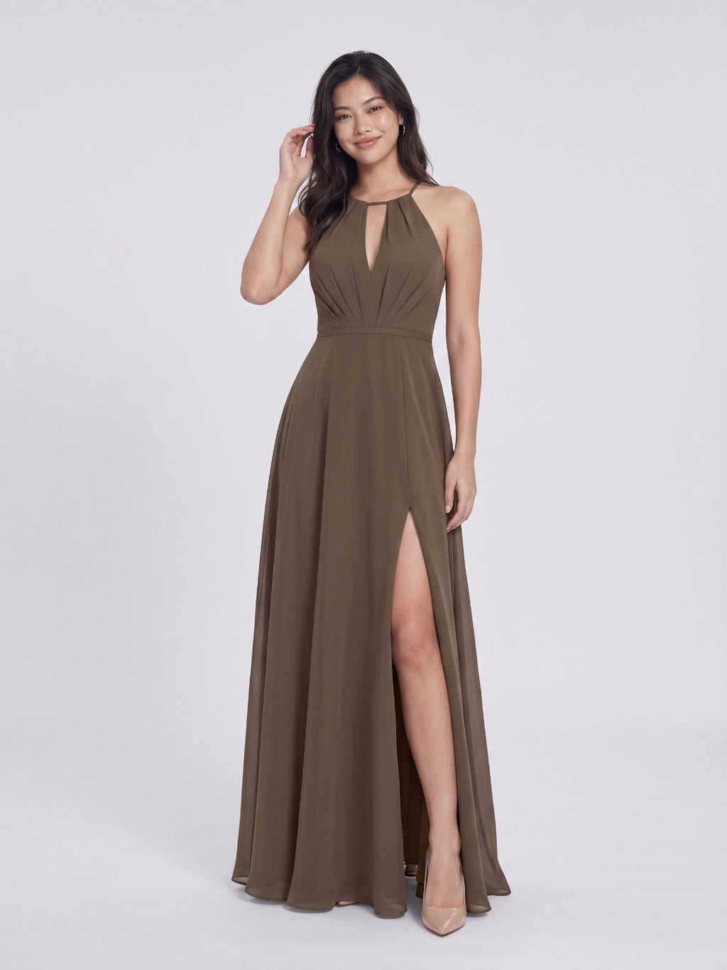 Espresso Chiffon A-Line Halter Neckline Bow Back Floor-Length Bridesmaid Dress with Pleating