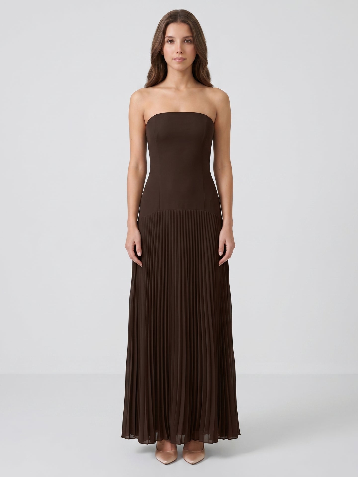 Espresso Chiffon A-Line Straight Neck Back Zip Floor-Length Pleated Bridesmaid Dress