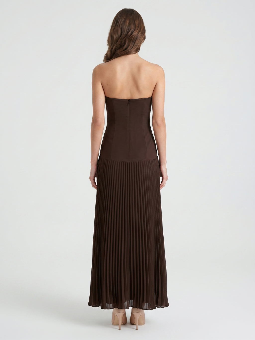 Espresso Chiffon A-Line Straight Neck Back Zip Floor-Length Pleated Bridesmaid Dress